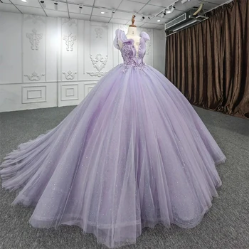 Блестящи Буйни рокли от тюл Лавандула Цвят, с отворени Рамене, Бродирани с мъниста, 3D Цветя, Бална рокля на Принцеса, Vestido De 15 Anos Sweet 16 Dr