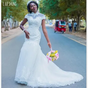 Африкански сватбени рокли E JUE SHUNG с високо деколте и Къси ръкави, Аппликацией с цип отзад, арабски сватбени рокли стил Русалка, Vestidos de Новия