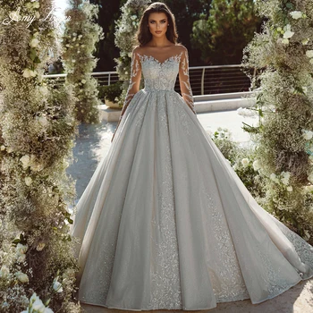 Класическата бална рокля с кръгло деколте и копчета, Пенливи Сватбена рокля 2023, Луксозни Апликация от мъниста, дълги ръкави, сватбената рокля на принцеса