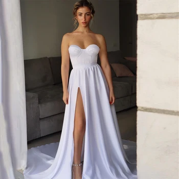 Просто сватбена рокля с цепка във формата на сърце, до бедрата, секси сватбени рокли за жени 2023, сватбени рокли с подвижни дълги ръкави за булката