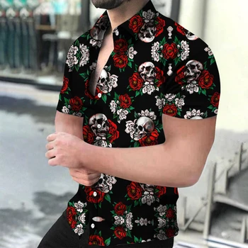 Мъжка тениска с черепа, лятна хавайска риза с къс ръкав, мъжки риза 2023 размер Оверсайз, ретро тениска за мъже, върхове с 3D принтом, лятна мъжки дрехи