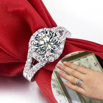 Yanleyu Истинските твърди годежни пръстени от Сребро 925 проба за жени, 2-каратово кръгъл пръстен с кубическим цирконием, бижута за младоженци