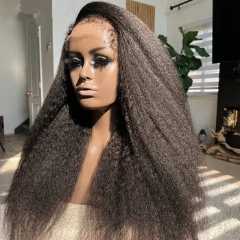Натурален Дълъг мека къдрава перука от права коса цвят яки черен цвят за жени, естествен права перука от къдрава коса с детски косата в африканския стил