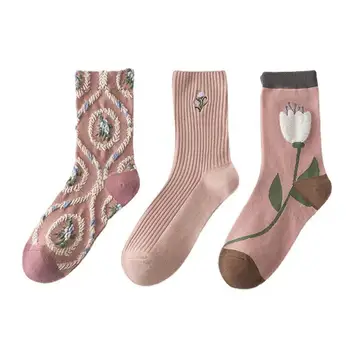 Пролет-лято бродирани дамски чорапи със средна дължина, розов цвят японски училищен стил, памучни чорапи four seasons everything