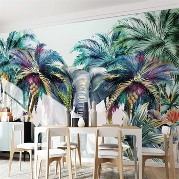wellyu Ръчно рисувани горски животни тропически растения слон кокосова палма фон на стената потребителски големи зелени тапети
