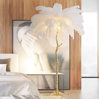 Под лампа от смола с абажуром от пера, скандинавски творчески лампа за дома, хол, спалня, led влакчета от страусиных пера