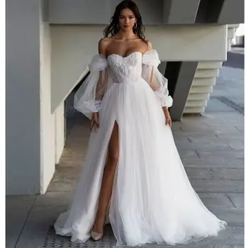 Модно Елегантна Сватбена рокля за жените 2023 булката с открити рамене, макси рокля с цепка отстрани, ръкави-фенери, Vestidos