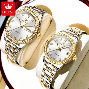 OLEVS Автоматични часовници за двойки, луксозни ръчни часовници с диаманти, златни часовници е от неръждаема стомана, механични часовници самостоятелно ликвидация за него и нея