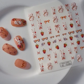 5D Стикери за нокти със Заек и ягоди, Декорация във формата на Пеперуда, акрилни релефни стикери за нокти, Маникюр