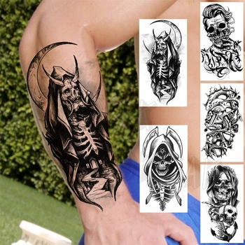 Реалистичен скелет, Луната, временни татуировки За жени, възрастни, мъже, Ръката на робота, котва, фалшива татуировка, Водонепроницаемое украса за боди-арт, Татуировки