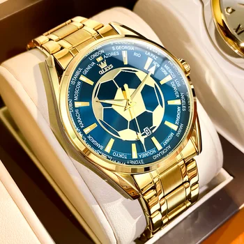 Мъжки часовник OLEVS, висок клас марка, кварцови часовници за мъже, водоустойчиви часовници е от неръждаема стомана със златисто-синьо футболен циферблат