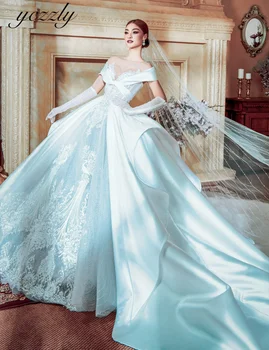 Yczzly Бална рокля, булчински рокли принцеса с открити рамене, дантелено сватбена рокля с мъниста, дълго атласное рокля с кристали Abito Da Sposa YW04