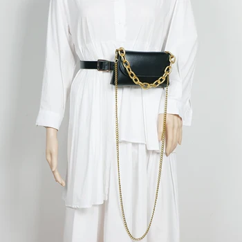 Черна Мини-портфейл, поясная чанта за жени от изкуствена кожа, колан с чанта за телефон, ежедневни чанти през рамото му на дълга верига за жени