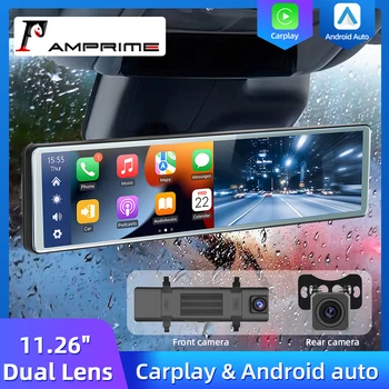 AMPrime 11,26 инча Безжична Огледало CarPlay Dash Cam Android, Автоматично Огледало за Обратно виждане Камера, Записващо устройство За Управление на Арматурното Табло на Автомобила DVR