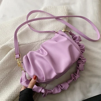 Малки нагънат чанта през рамо от изкуствена кожа за жени 2021, тенденции сладки лилав цвят, дизайнерски обикновена чанта на рамо и портмонета