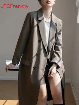 Дълъг блейзър женски 2023, Нова корейска версия, британски случайни тренч с високо качество, ретро темперамент, зимни дрехи за жени