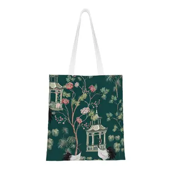 Обичай чанти за пазаруване в стил шинуазри на фън шуй с ориенталски цветя модел, зелени холщовые чанти за пазаруване, женски здрави чанти-тоут за пазаруване