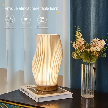 Масивна дървесина 3D акумулаторна настолна лампа таблата на спалнята модерен лесен сензорен прекъсвач неполярное затъмнение украса малка нощна лампа