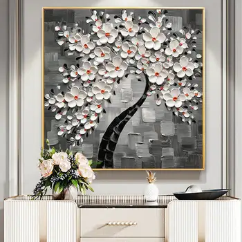 Голямо Бяло Цвете череши, маслени картини, ръчно рисувани, Платно, Абстрактен канава цветен пейзаж, Модерна Стена в хола, Дърво, изобразително Изкуство