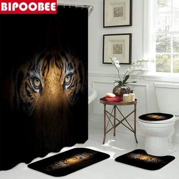 Душ завеса с изображение на тигър, декор за баня, водоустойчив полиестерен плат, пердета за баня, Капака на тоалетната чиния, нескользящий килим