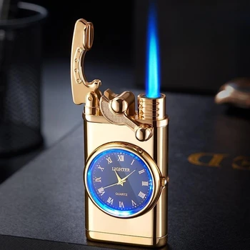 Метални истински часовник, бутановая газова запалка, Рокер, Ветрозащитный Директен такса, циферблат със син пламък, led лампа, Аксесоари За Пушачи