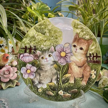 Сладко коте цвете в играта керамични 8-инчов подвесная чиния за декорация на стени, чиния за декорация на дома, сватбен подарък