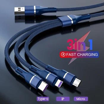 3 в 1 USB кабел за трансфер на данни за iPhone Бързо зарядно устройство, Кабел за зареждане микротелефона type c xiaomi huawei Samsung тел за зарядно за iPad