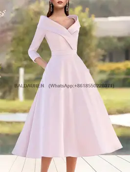 Рокля за майката на булката трапецовидна форма, елегантна винтажное рокля с V-образно деколте, сатен дължина 3/4, ръкав с гънки
