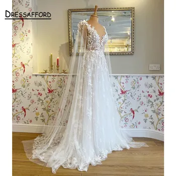 Бяла сватбена рокля на спагети презрамки с кружевными апликации 2023 с опаковки, сватбени рокли Vestidos Garden трапецовидна форма с отворен гръб