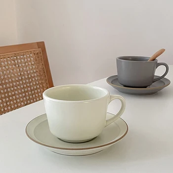 Набор от кафе чаши с блюдцем от матирана керамика в японски стил, чаша за чай с мляко за закуска с табела, интериор за вашия офис, кафе, маса 250 мл