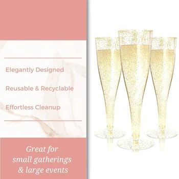 6 Опаковки Пластмасови флейта за шампанско със златен блясък за Еднократна употреба, пластмасови чаши за шампанско за партита Пластмасова чаша със златен блясък