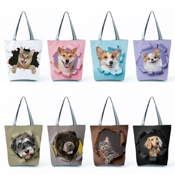 Индивидуални торбички с принтом Кучета и Котки, дамски чанти-тоут голям капацитет за всеки ден, сладки торбички за пазаруване под формата на животни, модерен пътнически плажни чанти