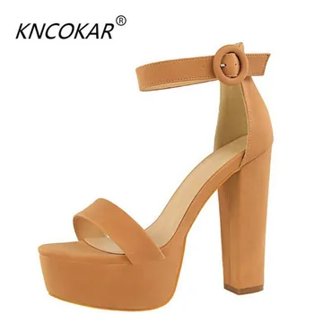 KNCOKAR/ дамски обувки на висок дебел ток, чубрица обувки на тънък ток за нощен клуб, водоустойчив сандали на платформа с пръсти и катарама за колан
