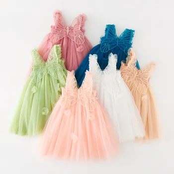 Сетчатое рокля за малки момичета, детски летни дрехи, дантелени рокли принцеса с крила на пеперуда за момичета, подходящи за рожден ден, сватба