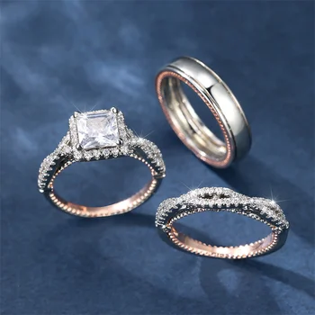 Луксозен Женски Комплект пръстени с бял кристал и Камък, очарователен Годежни пръстени цвят: златист, сребрист, за Жени, Скъп годежен пръстен с цирконий за Булката