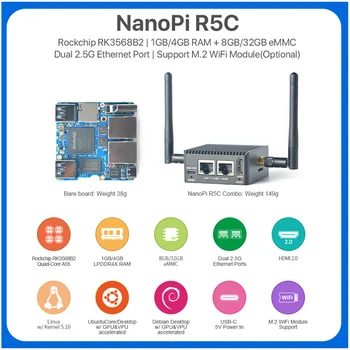 NanoPi R5C Openwrt Rockchip RK3568B2 Двоен Ethernet порт 2,5 G с Модула M. 2 WiFi 4 GB LPDDR4X Поддържа FriendlyWrt