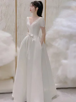 празнична рокля на булката Френска фотография Сватбена рокля Бяло атласное вечерна рокля Дизайнерско рокля за годеж