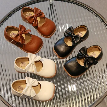 Тънки обувки за момичета 2023, пролет-есен, нови бебешки маратонки с мека подметка, детски кожени обувки, модерни обувки принцеса с хубав лък