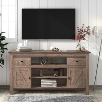 МОДНИ Модерна, стилна Функционални Мебели Шкаф за телевизор от ПДЧ с две чекмеджета и отворени рафтове, Плъзгащи врати и регулируем рафт, Антична-сив цвят