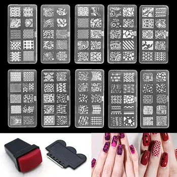 Жена дизайнерски комплект от 10 теми, Лесно окрашиваемый шаблон за нокти, лак за маникюр, плоча за пробиване, стъргало за нокти 