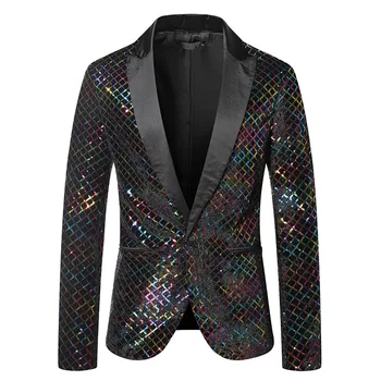 Сребрист костюм в клетка с пайети, яке, сако, мъжко марка, приталенные блейзери на една пуговице, мъжки вечерни етап костюми за певци, Homme